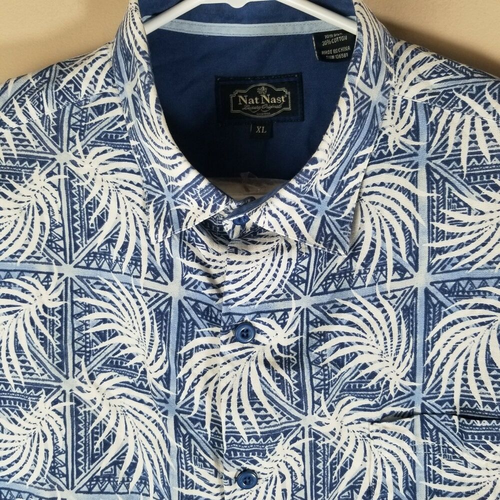 Nat Nast Shirt Mens XL Hawaiian Luxury Originals Blue Palms Button Up Silk Blend